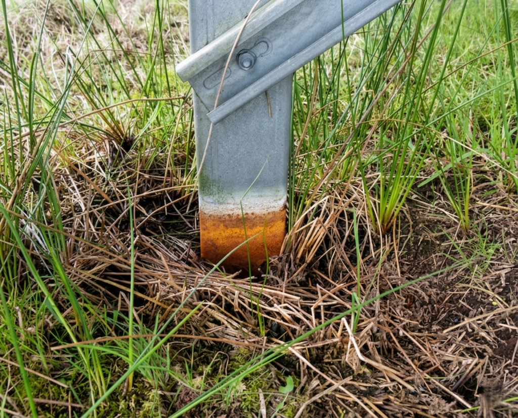 Severe rust at the soil-line of a solar mounting post, demonstrating a failure in long-term Corrosion Resistance.