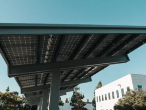 Close-up of waterproof mounting system in a solar panel carport structure