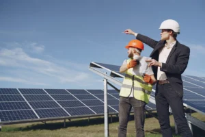 Dual axis solar tracker ground mount structure with steel frame foundation and PV modules