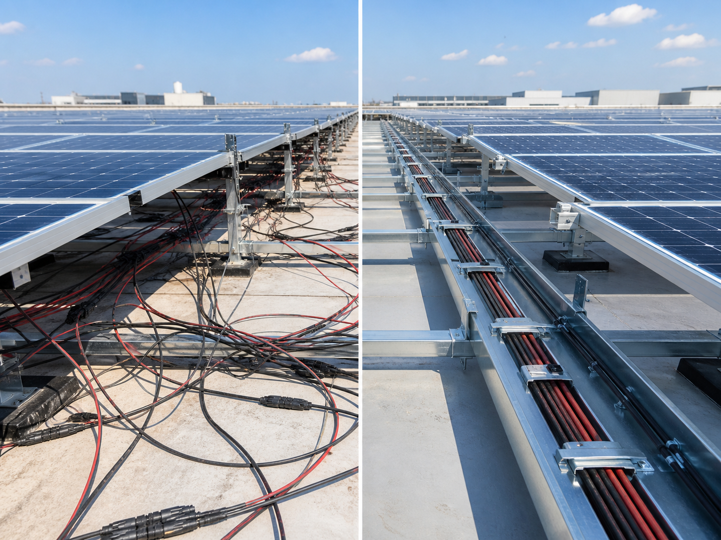 Comparison of exposed solar cables and organized PV cable tray routing
