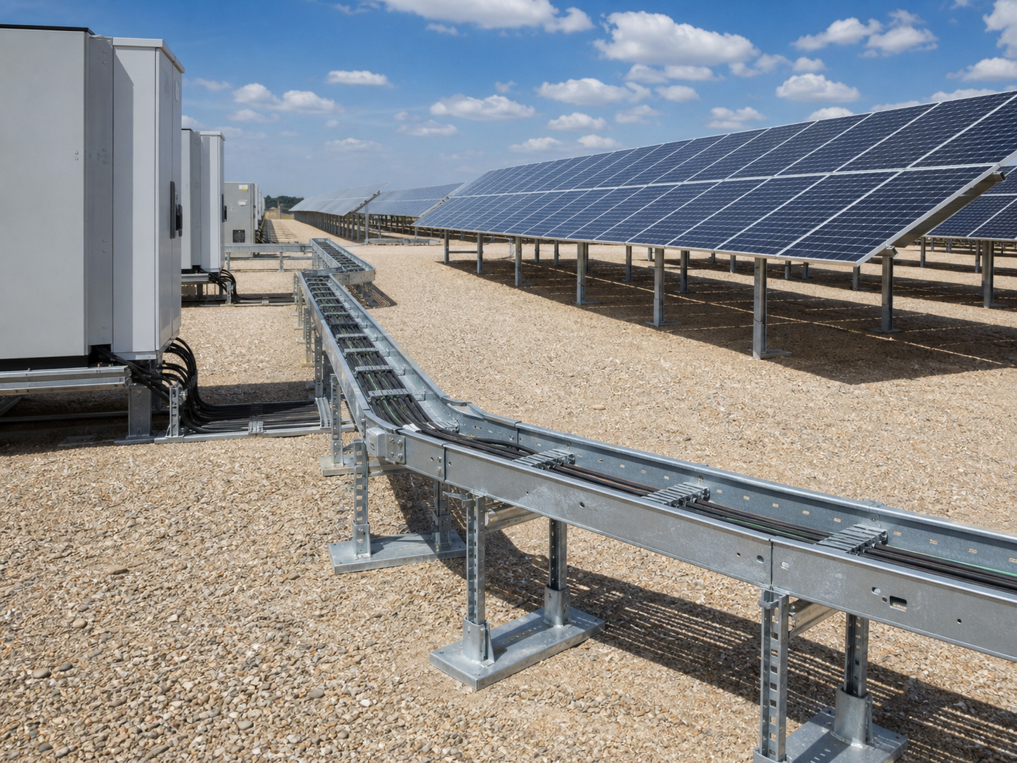 Galvanized cable tray system for utility scale solar farm cable routing