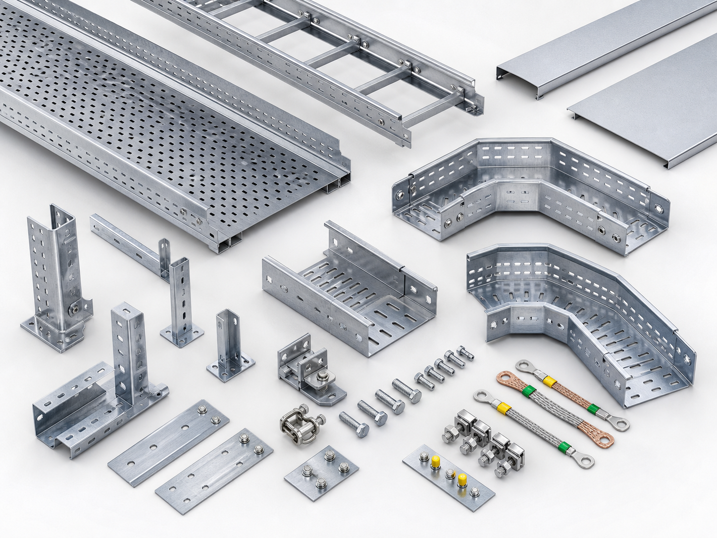 Solar cable tray components including tray covers connectors bends and support brackets