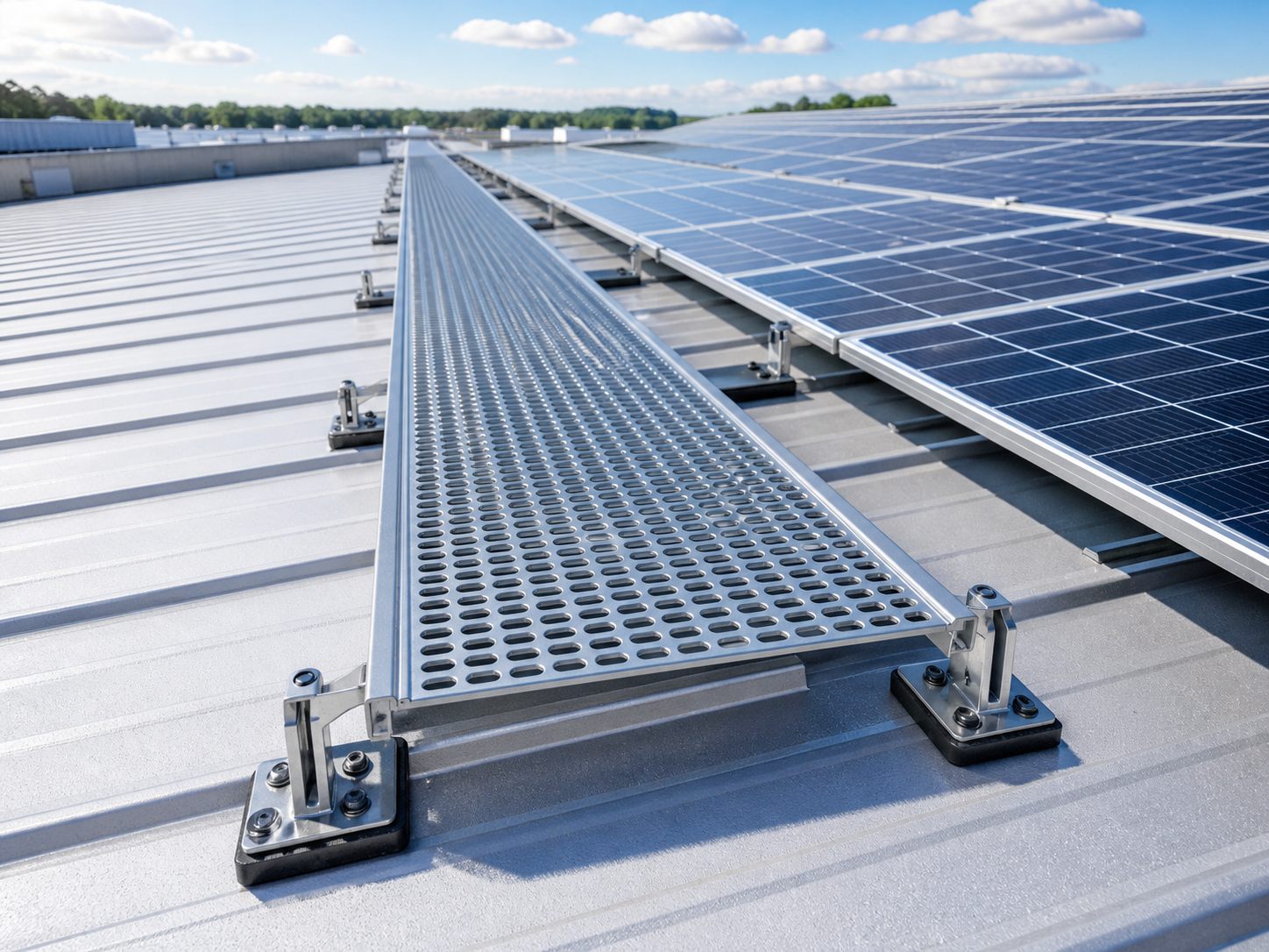 Non-penetrating solar walkway roof protection support