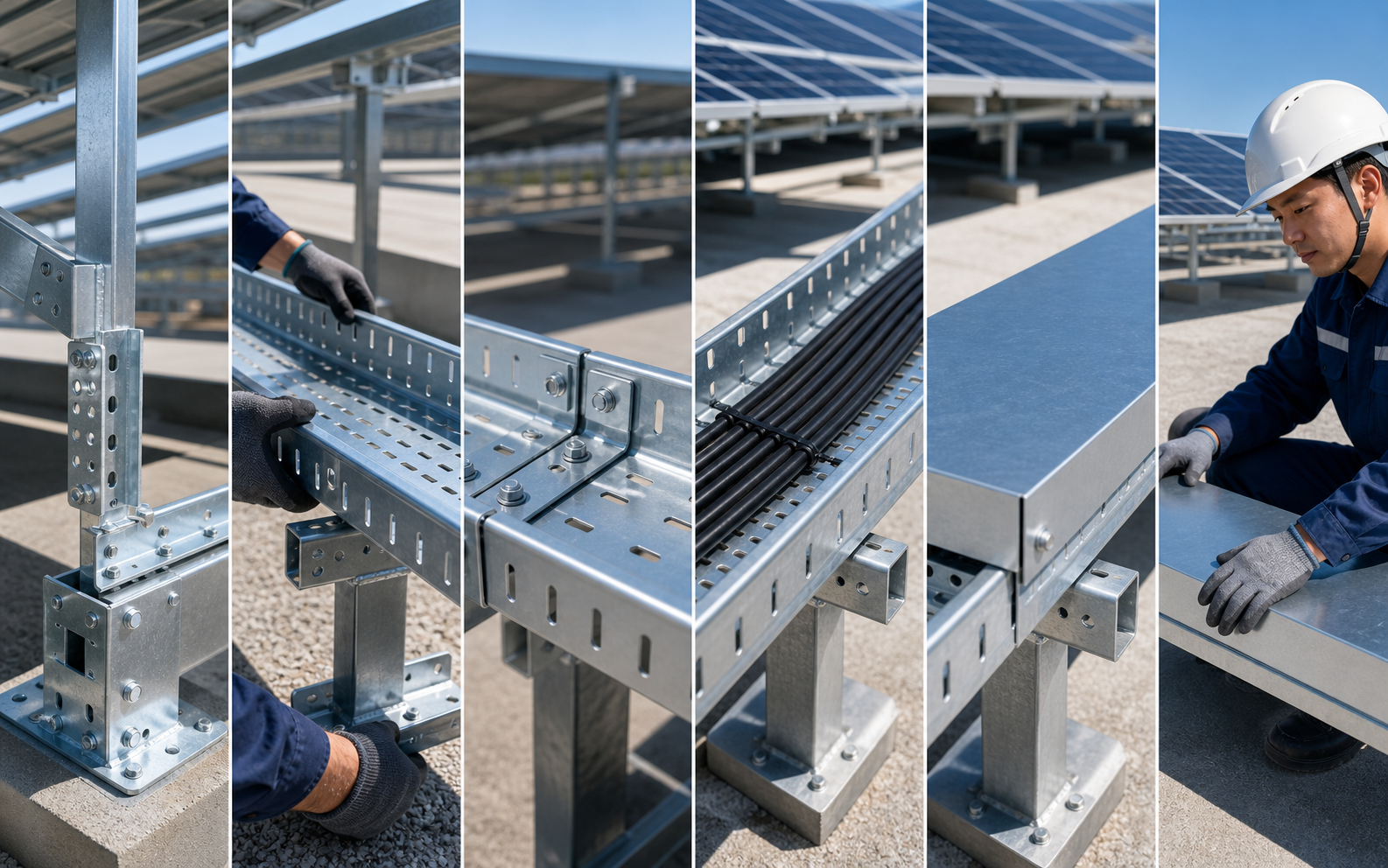 PV cable tray installation process with support brackets connectors and cable placement