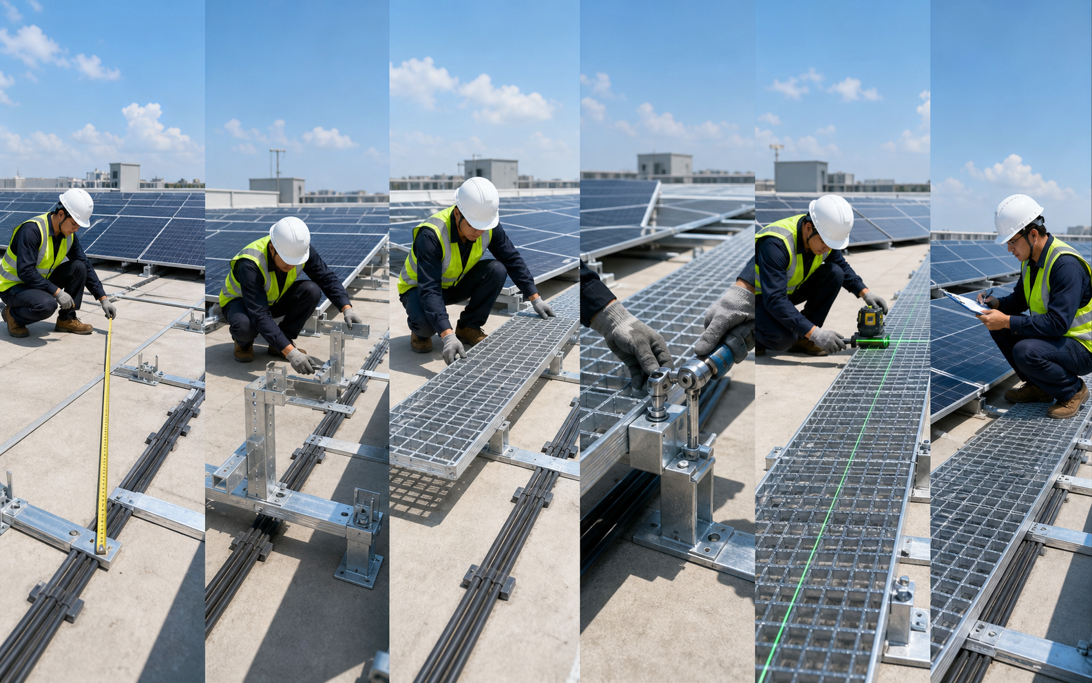 Solar walkway installation process on a rooftop PV project