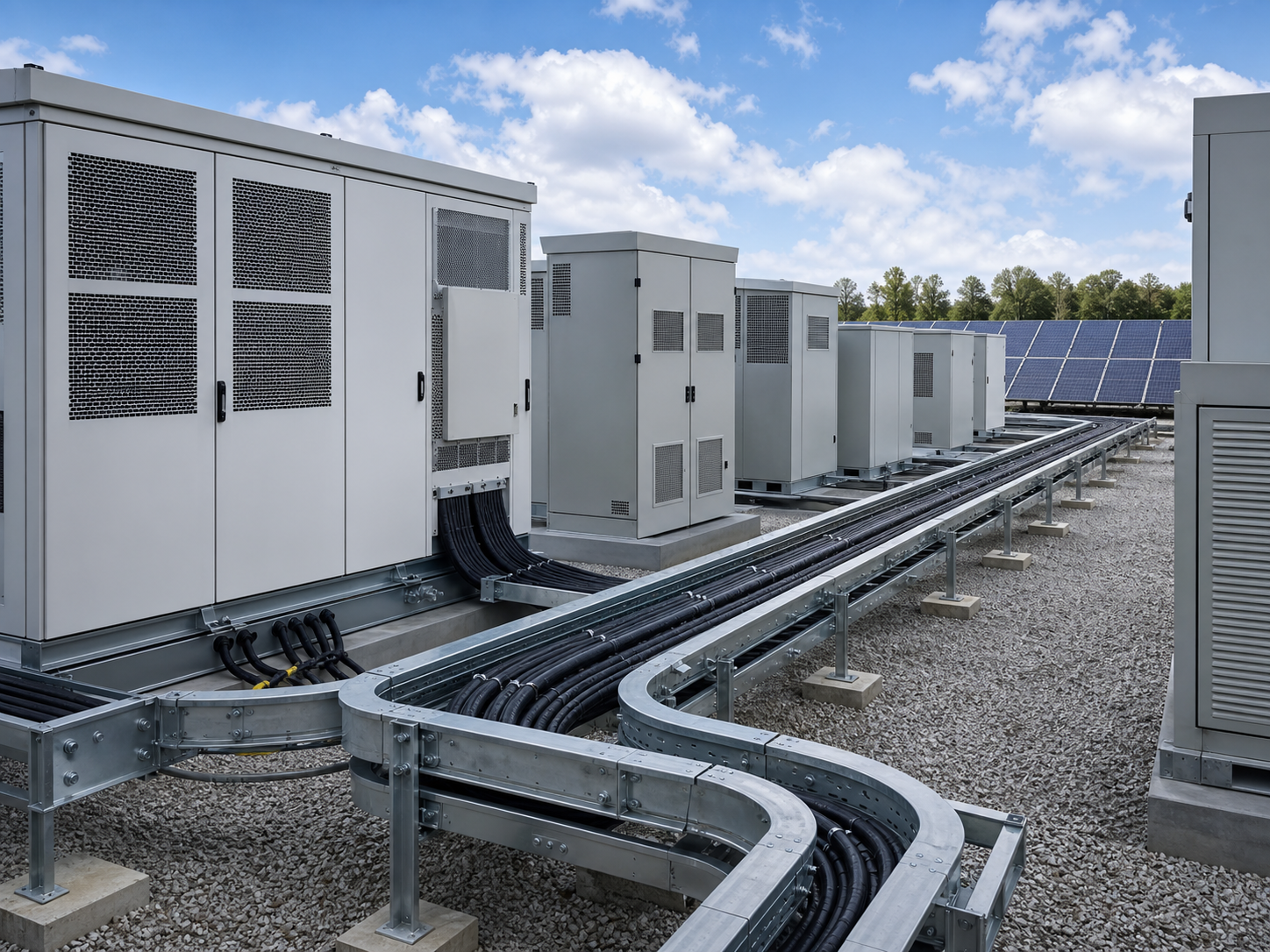Cable tray routing for battery energy storage system and solar power infrastructure
