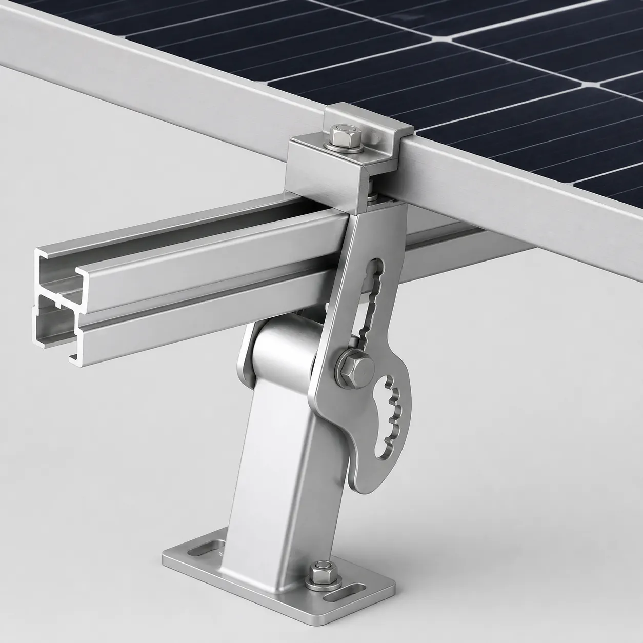 Close-up of adjustable solar mounting bracket connection