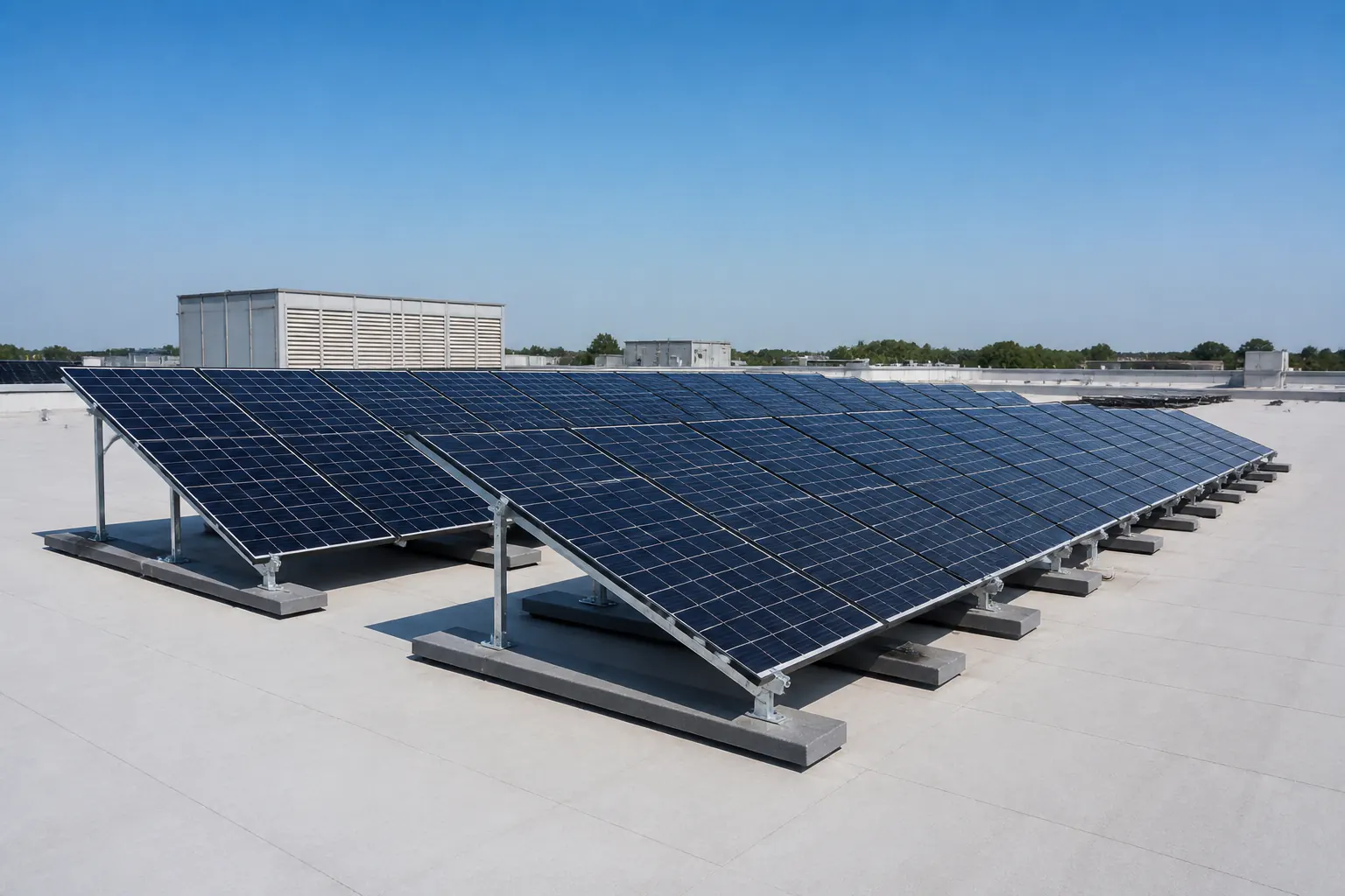Adjustable solar mounting systems installed on a flat commercial rooftop