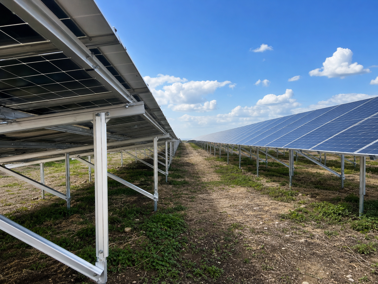 Aluminum ground mount solar racking system in open land PV project