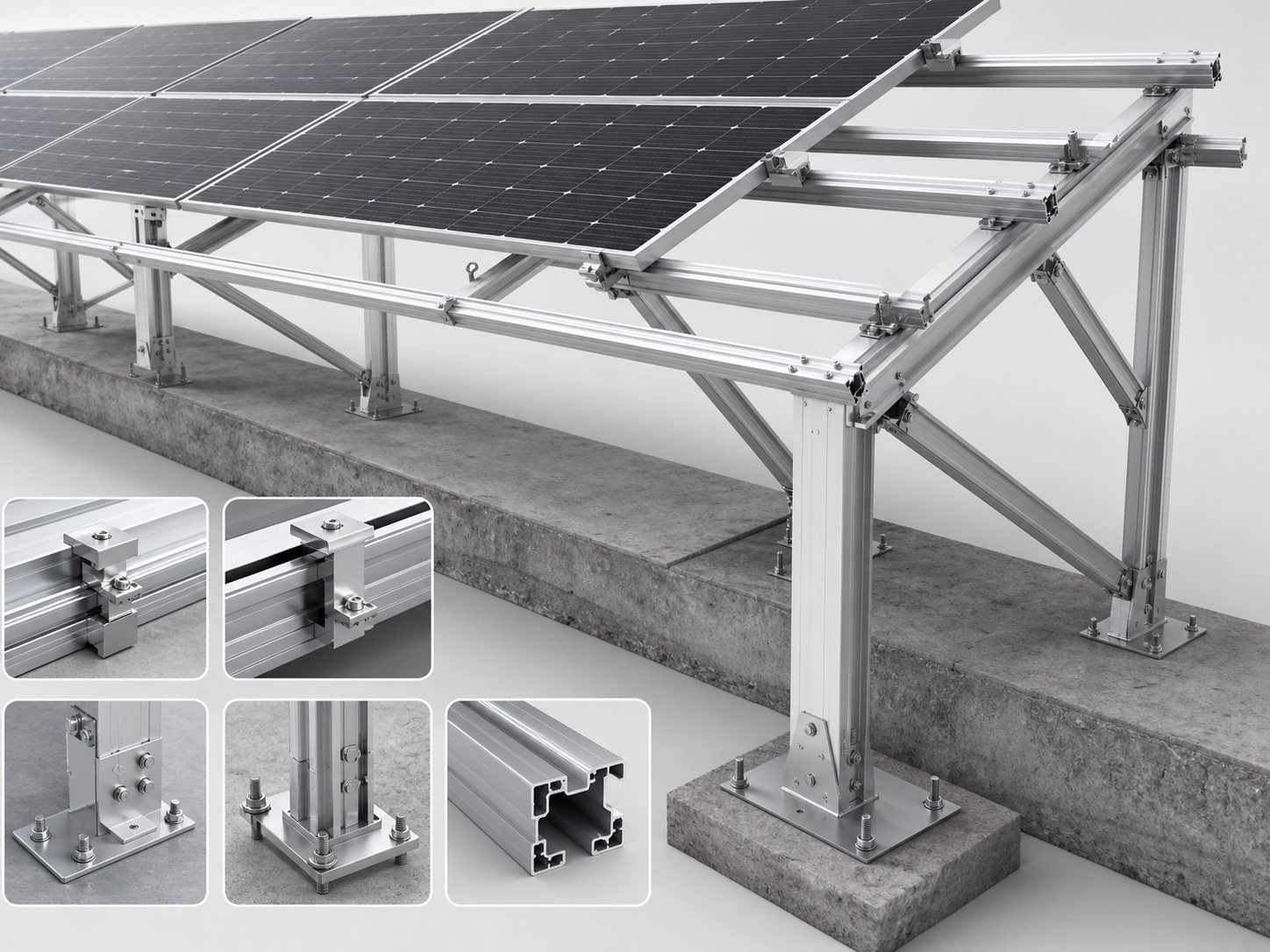 Aluminum ground mount structure with rails beams clamps and fasteners