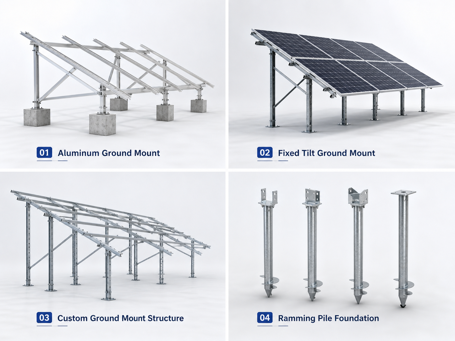 Related ground mounting systems including aluminum fixed tilt and ramming pile structures