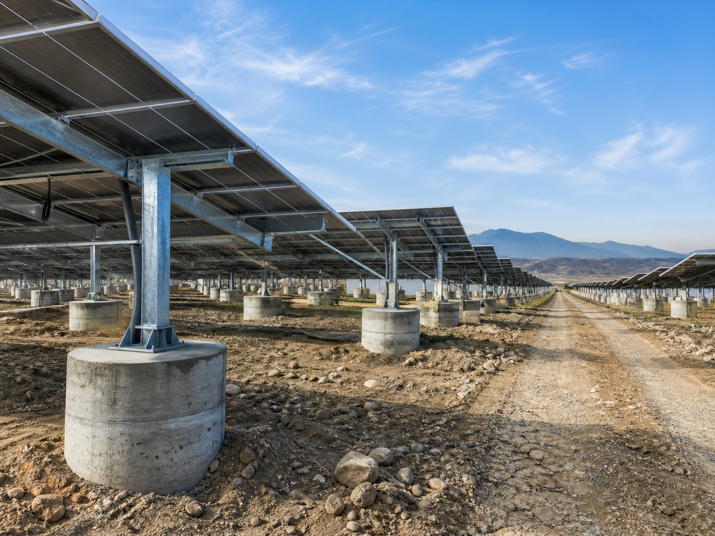 Commercial solar ground mounting project using concrete pier foundations with steel posts and PV support beams