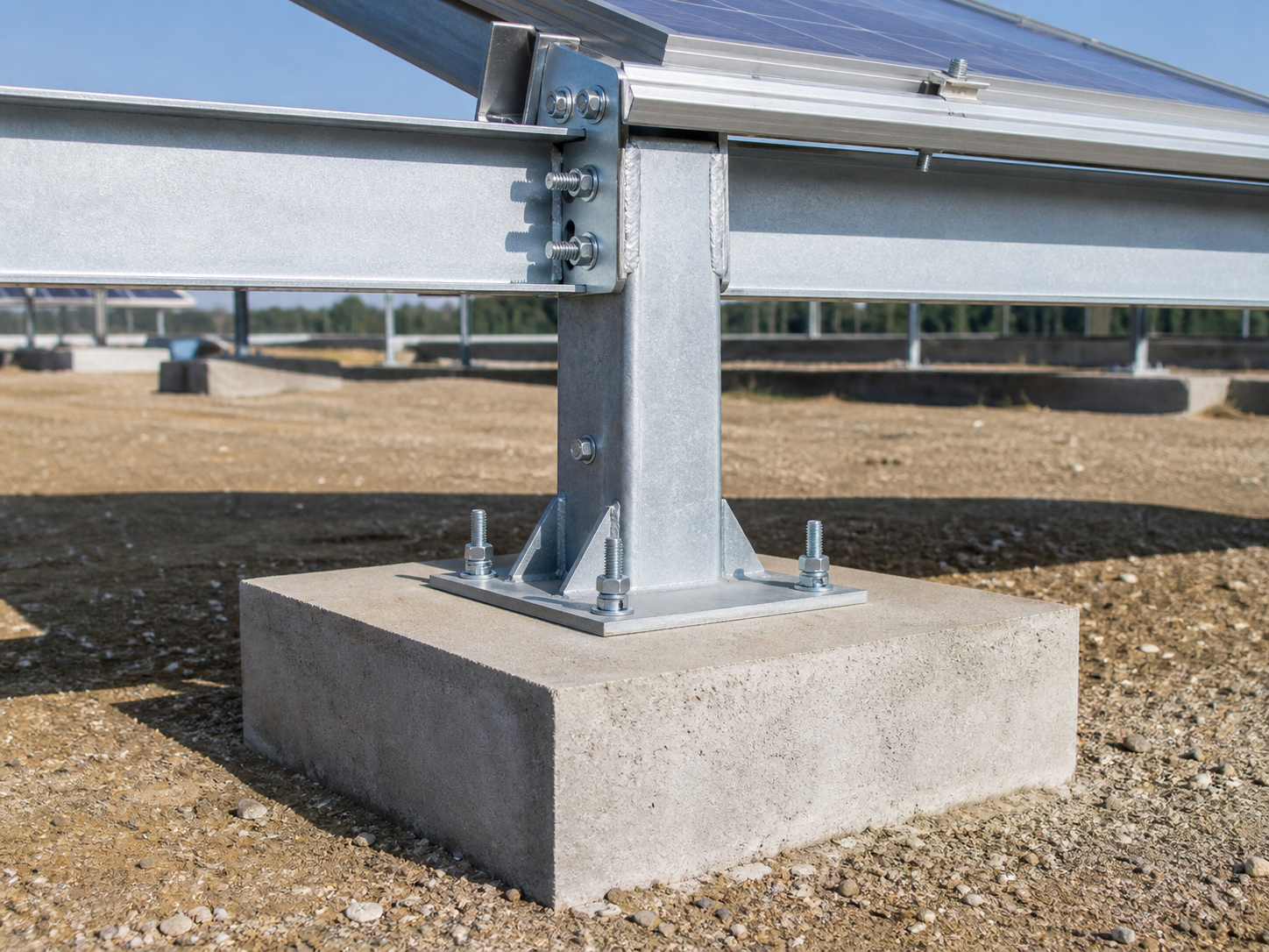Concrete pier solar mounting foundation with anchor bolts, base plate, steel post, beam and rail connection