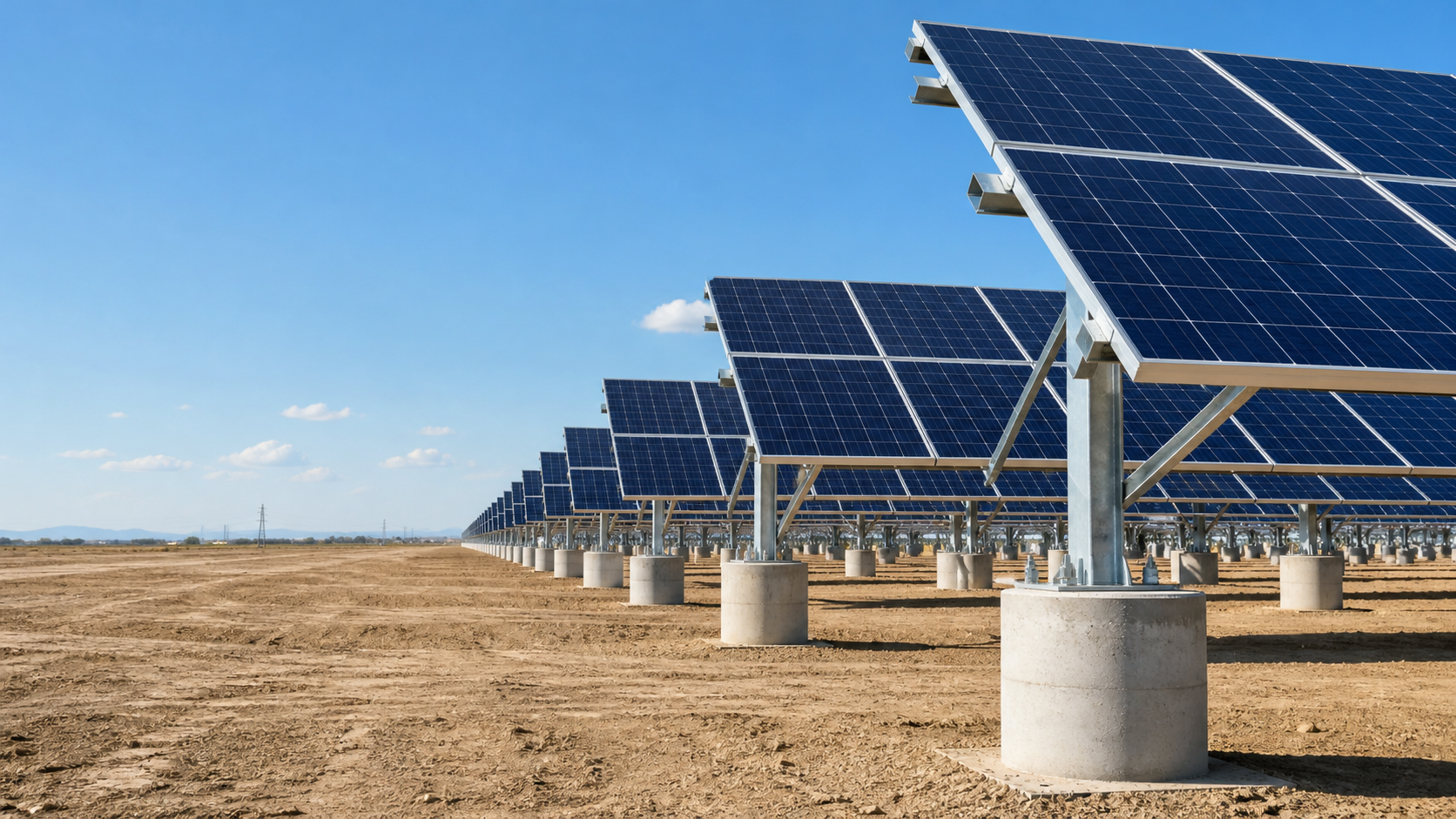 Concrete foundation mounting system with concrete piers, anchor bolts, steel posts and solar PV rows