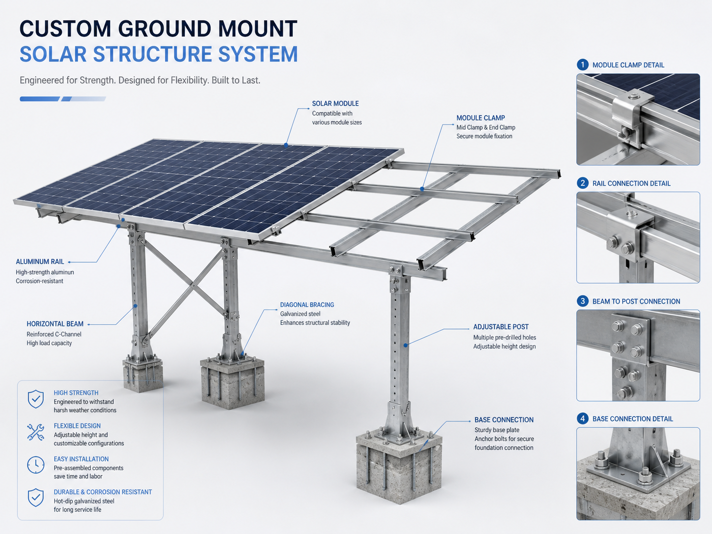 Custom ground mount structure with adjustable posts and reinforced beams