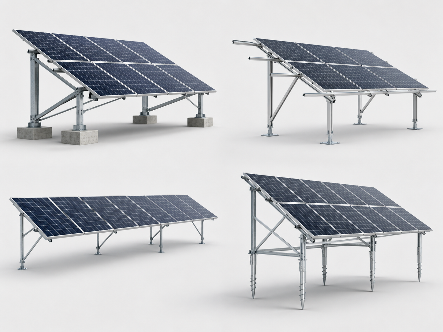 Related ground mounting systems including custom aluminum fixed tilt and ramming pile structures