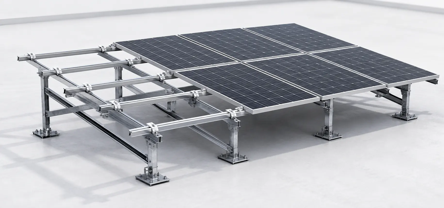 Flat roof steel support frame structure for solar panel mounting