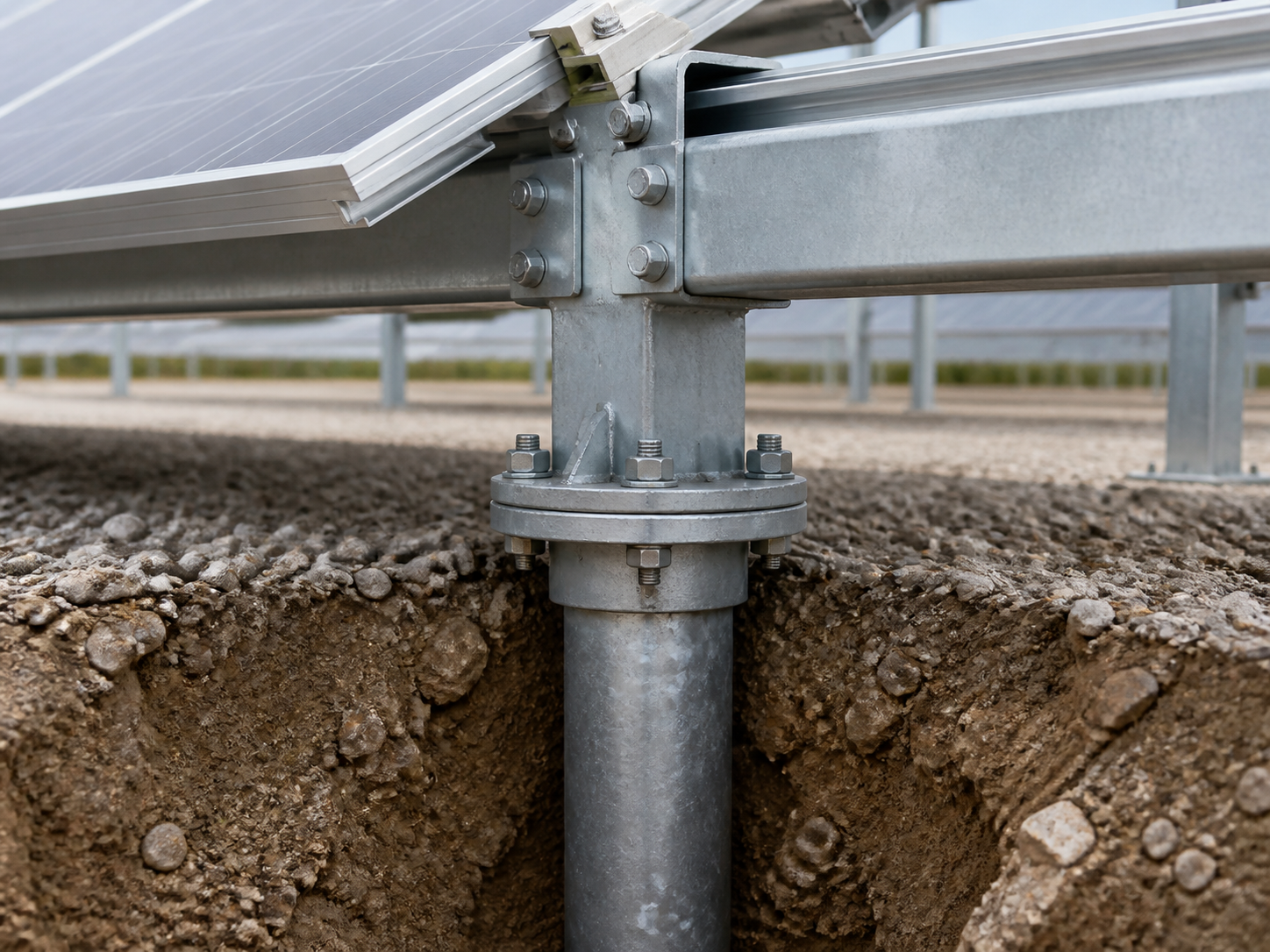 Driven pile foundation detail for ramming pile ground mount solar structure