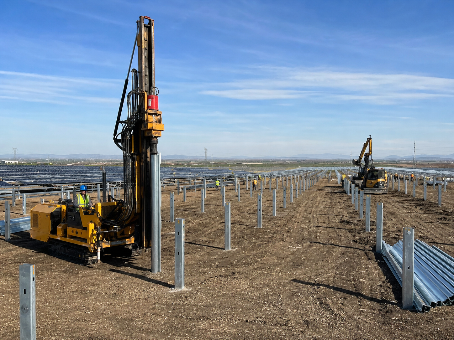 Ramming pile solar mounting installation for open land PV project