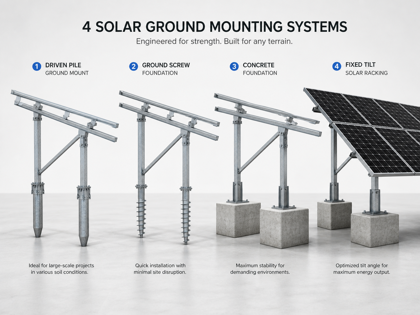 Related ground mounting systems including driven pile and ground screw foundations