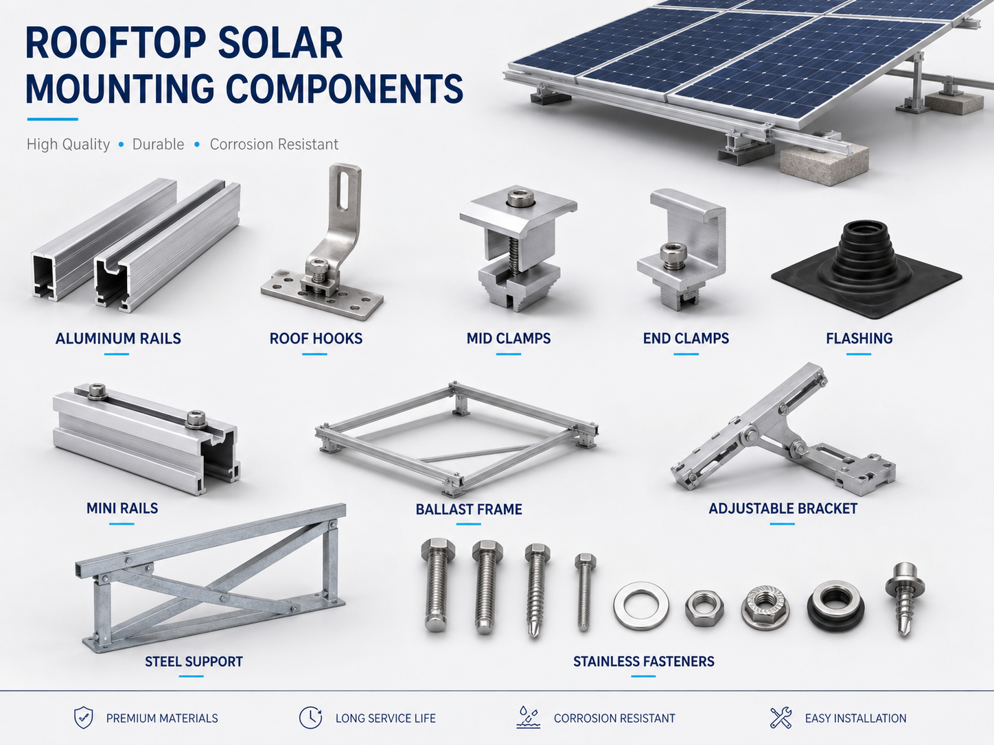 Rooftop solar mounting components including rails clamps hooks and brackets